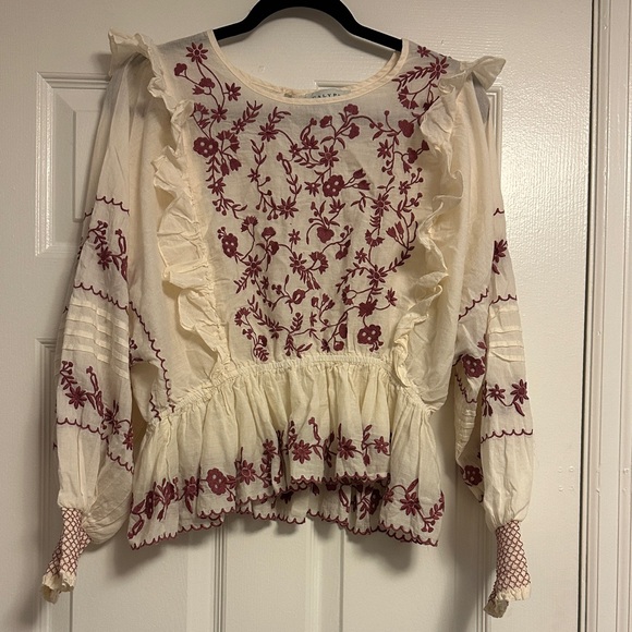 Calypso St. Barth Tops - Boho Chic ✨ Calypso St. Barth Cream & Red Embroidered Ruffle Blouse – Size small